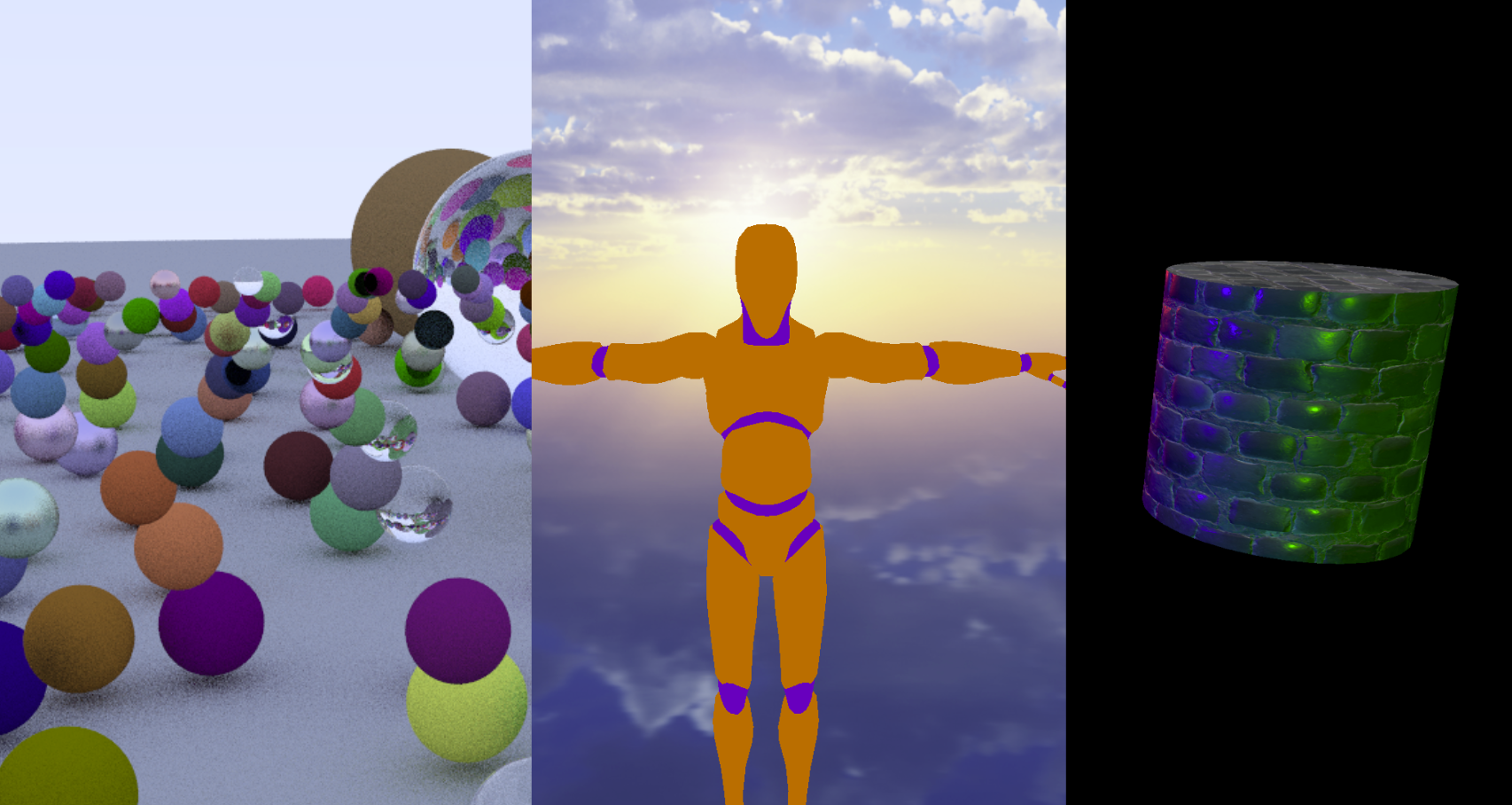 3 Image collage of several computer renders of scenes