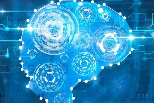 Blue digital art of a brain with gears and lines of electricity.