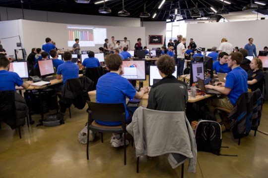 People working in classroom