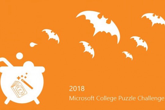 Orange image with white bat-shaped creatures. Text reads "2018 Microsoft Puzzle Challenge".