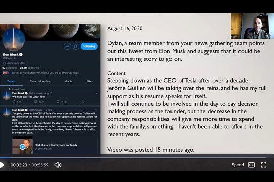 screenshot of an alleged tweet by Elon Musk and instructions on how a reporter received this information.
