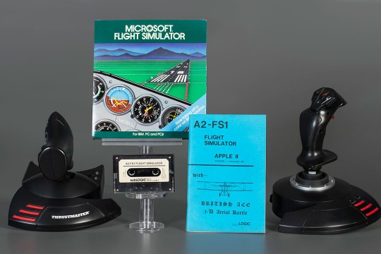 display with Microsoft Flight Simulator computer game, two joysticks, a flight simulator manual and a cassette tape.