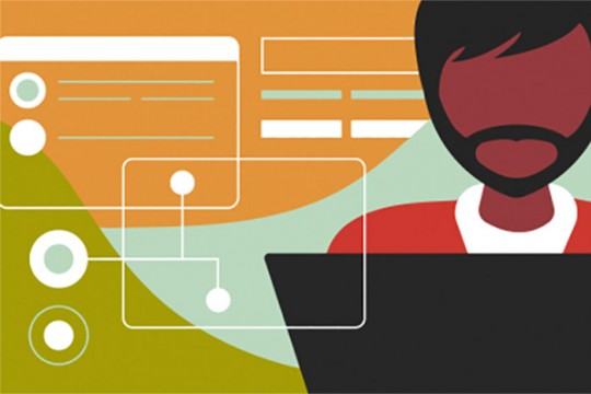 graphic of person using a computer.