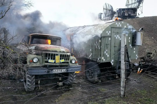 Damaged radar arrays and other equipment at a Ukrainian military facility.