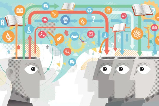 illustration of four faces exchanging ideas through arrows and icons.