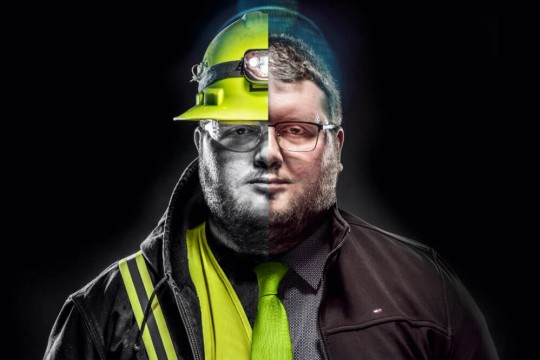 photo illustration of a man whose left half is wearing a hardhat and safety jacket and right half is wearing a shirt and tie.