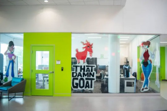 windows in an office painted with characters from the video game That Damn Goat.