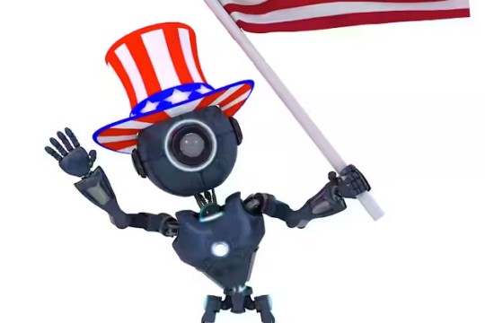 A graphic of a humanoid robot wearing a red white and blue top hat and waving a US flag.