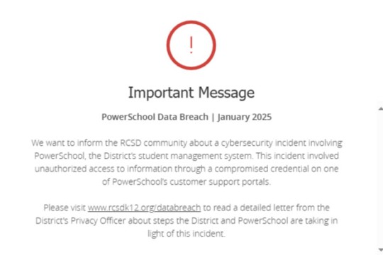 a message about the data breach is shown on a computer screen.