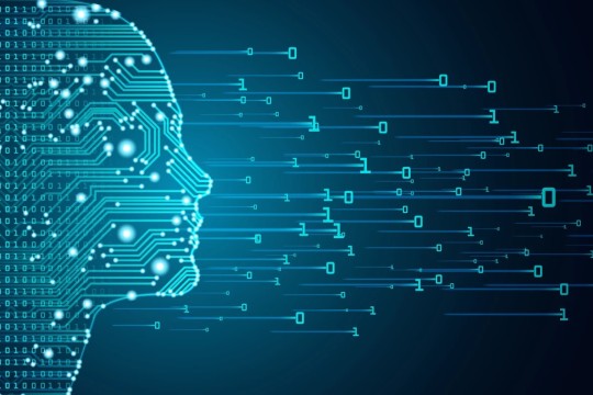 Digital human face made with 1s and 0s.
