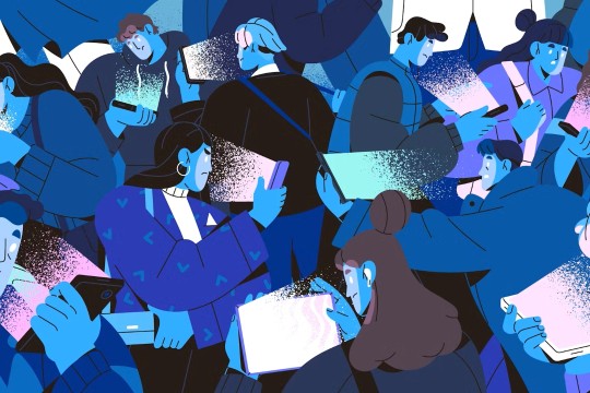 Animation of a dozen people staring at their mobile phones. 