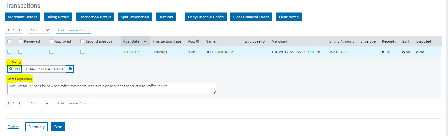 PNC transaction management screen shot - expense log