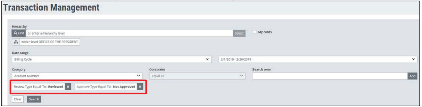 transaction management screen with Review type and Approve type highlighted