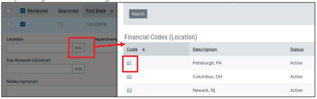 Location Add pulling up Financial Codes(Location)