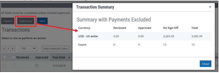 Summary with Payments Excluded page
