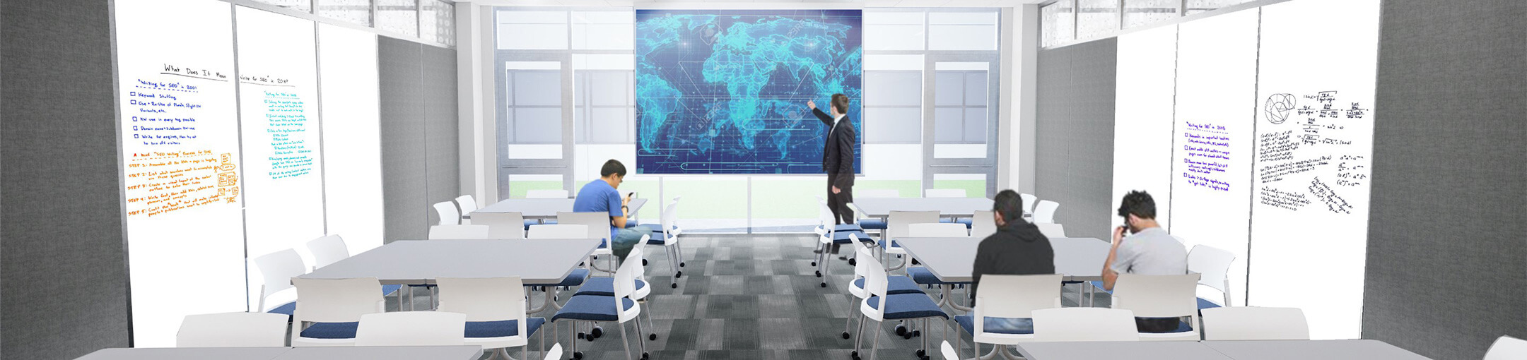 Rendering of a classroom with a large screen in the middle.