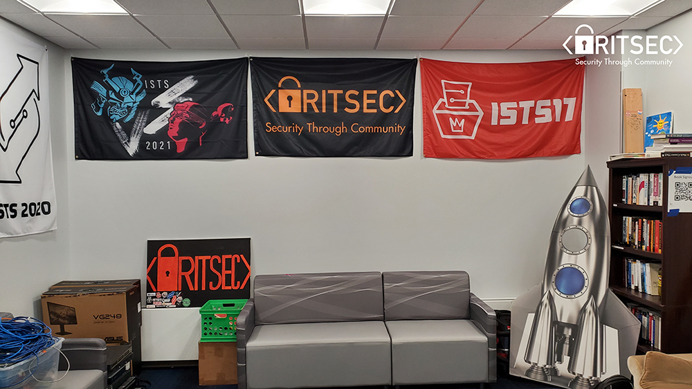 Image of RITSEC club space with banners hanging