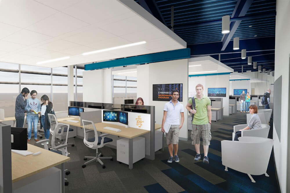 Rendering of students in a common area.
