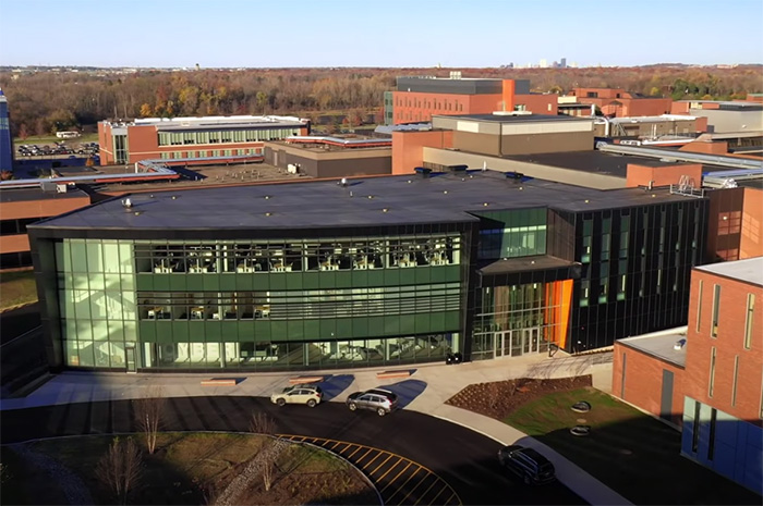 Exterior of the GCI building from a drone.
