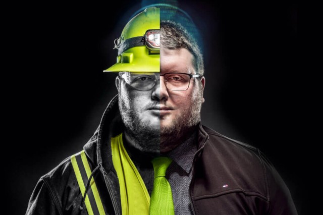 photo illustration of a man whose left half is wearing a hardhat and safety jacket and right half is wearing a shirt and tie.