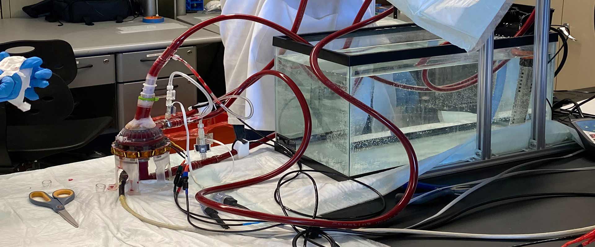 a lab area with an aquarium full of water next to a pump with several hoses coming out of it.