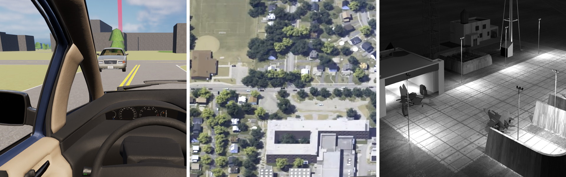 Three simulated visual environments: a first-person driving simulator showing a car interior and another vehicle ahead on a road; an aerial map view of a suburban neighborhood with trees, houses, and fields; and a grayscale nighttime simulation of an airbase with buildings, aircraft, and floodlights.