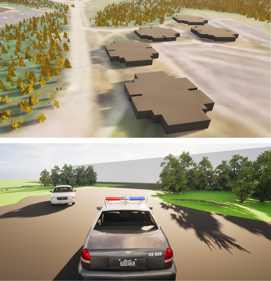 Two computer-generated simulation scenes. The top image shows a landscape with clusters of blocky, geometric building models surrounded by trees. The bottom image shows a police car on a roadway with another vehicle approaching from ahead, bordered by green terrain and trees.