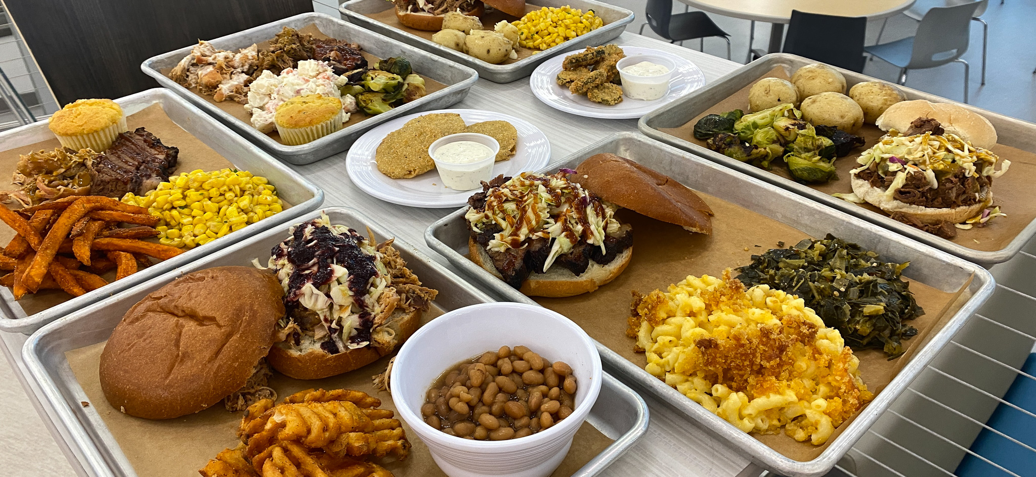 bbq food on silver tray