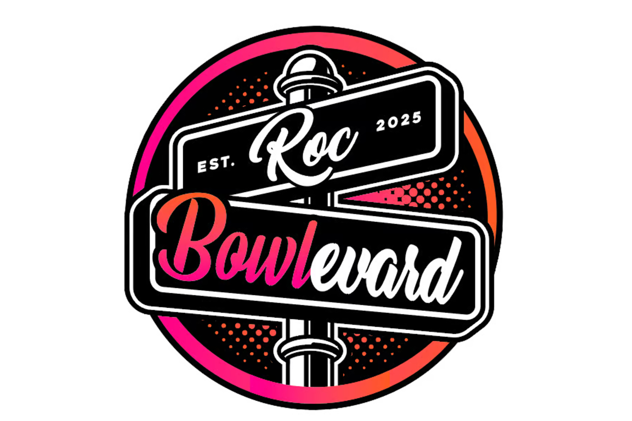 Black circular logo with pink, orange and white