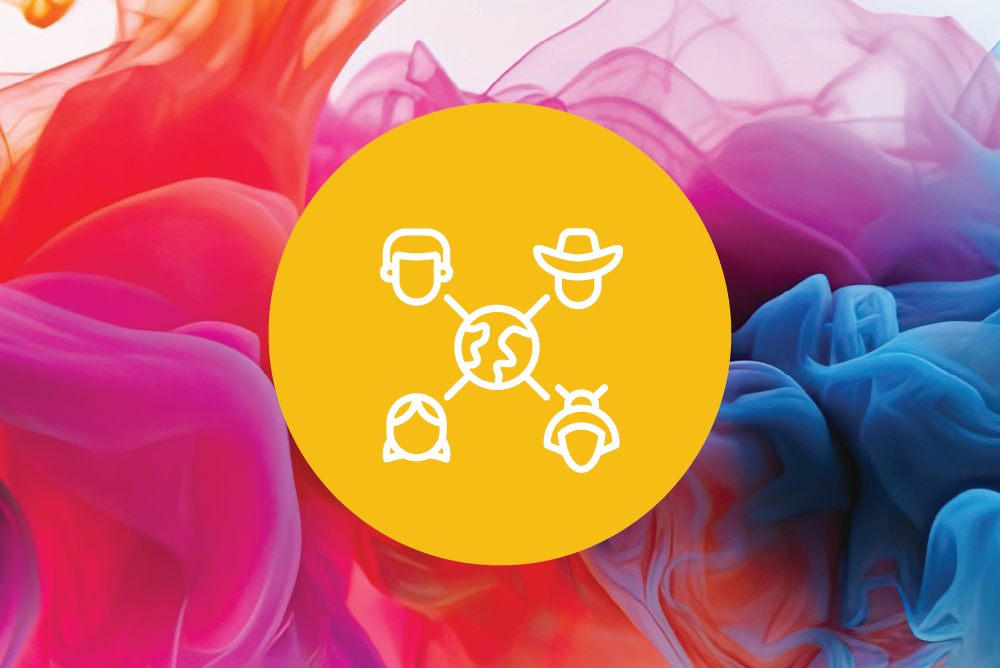 colored background with line drawing of people