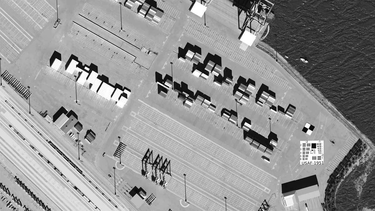 black and white simulation of a 3 D scene of the Port of Tacoma.