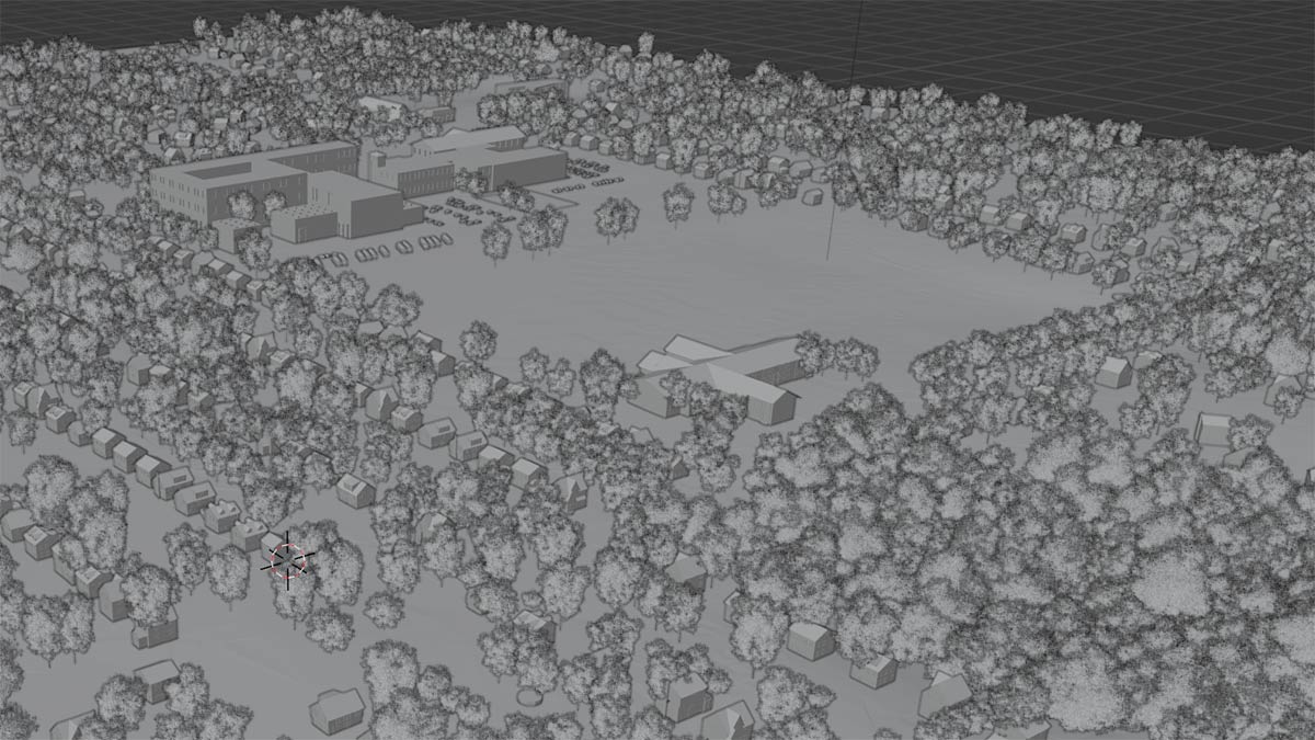 a computer generated scene in grayscale of a treed area with small buildings and a square clearing with larger buildings.