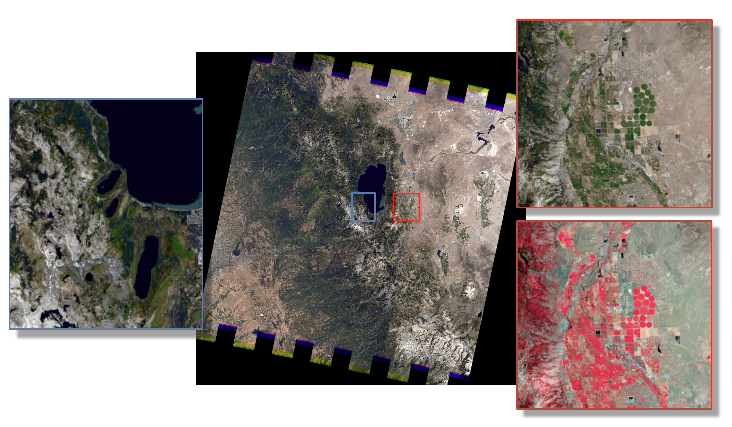 True-color, Landsat 8 rendering of the Lake Tahoe synthetic landscape that was developed to support Landsat Next studies focused on assessing the impact of sensor requirements on image quality.  The red zoom windows are included to illustrate the spectral and spatial detail associated with this proxy image data.  The blue window is included to indicate the spatial scale of scenes that were historically possible with previous versions of DIRSIG.