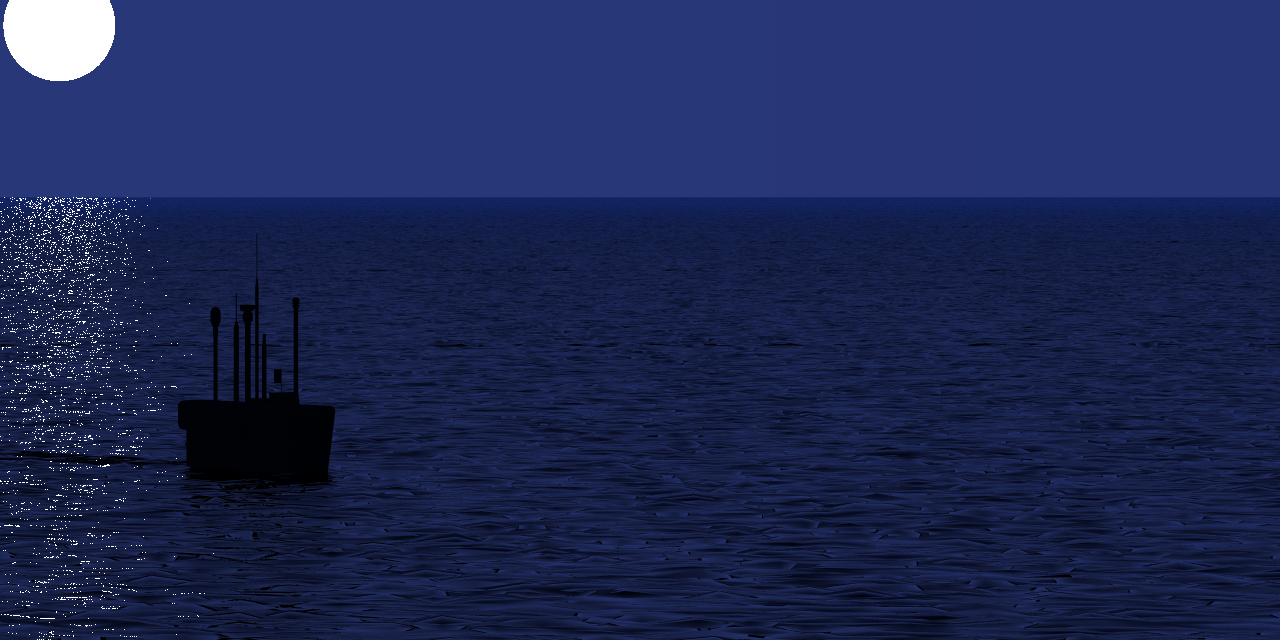 Nighttime DIRSIG simulation of a submerged submarine. Glints from the moon disk can be seen on the water surface.