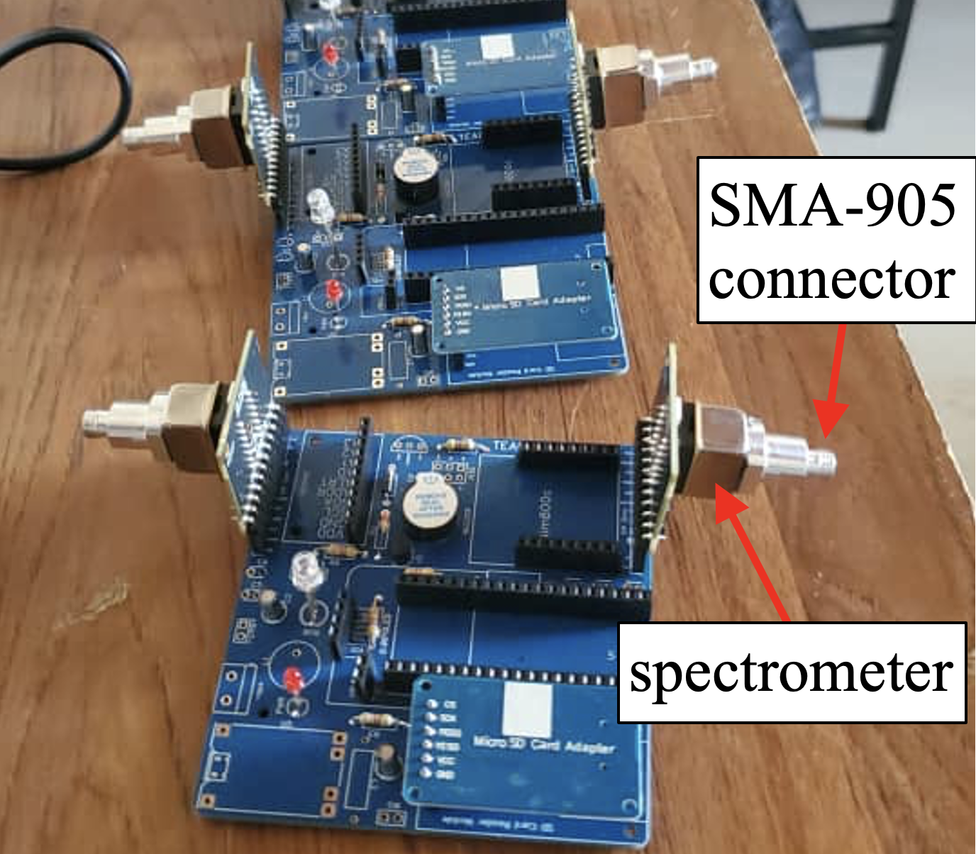 The spectrometers integrated on the custom circuit board. The fiber connector is glued to the spectrometer entrance with waterproof epoxy.