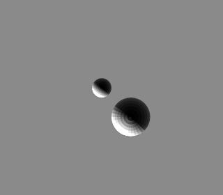Nominal pinhole operation of DIRSIG viewing spheres of the same size (1cm diameter) but the left is 0.5m further away from the camera.