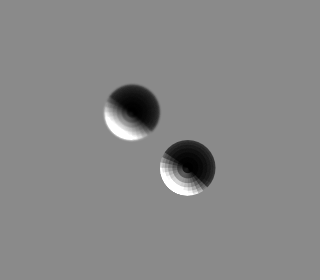 Using the telectentric lens plug-in by specifying the telecentricity (maximum allowed angle away from normal) in degrees, magnification, and focus distance in meters. This shows that although the spheres are at different distances, their magnifications appear constant