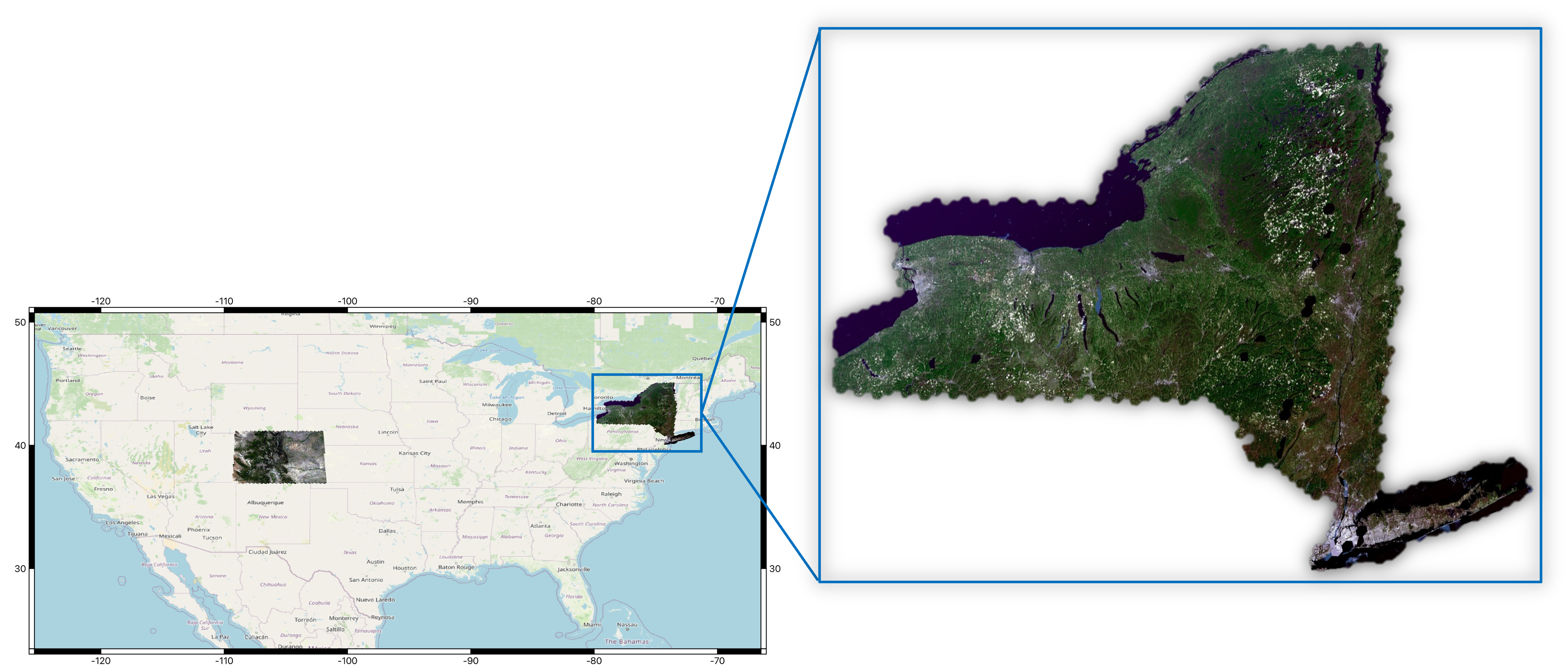 True-color renderings of Colorado and New York State to illustrate progress toward a full Continental US synthetic landscape that is being developed to support Landsat cross-calibration & validation studies. The zoom window of New York is provided to indicate that our current workflow ingests .kmz files to create the (hexagonal) DIRSIG input files necessary to generate proxy data at scale.