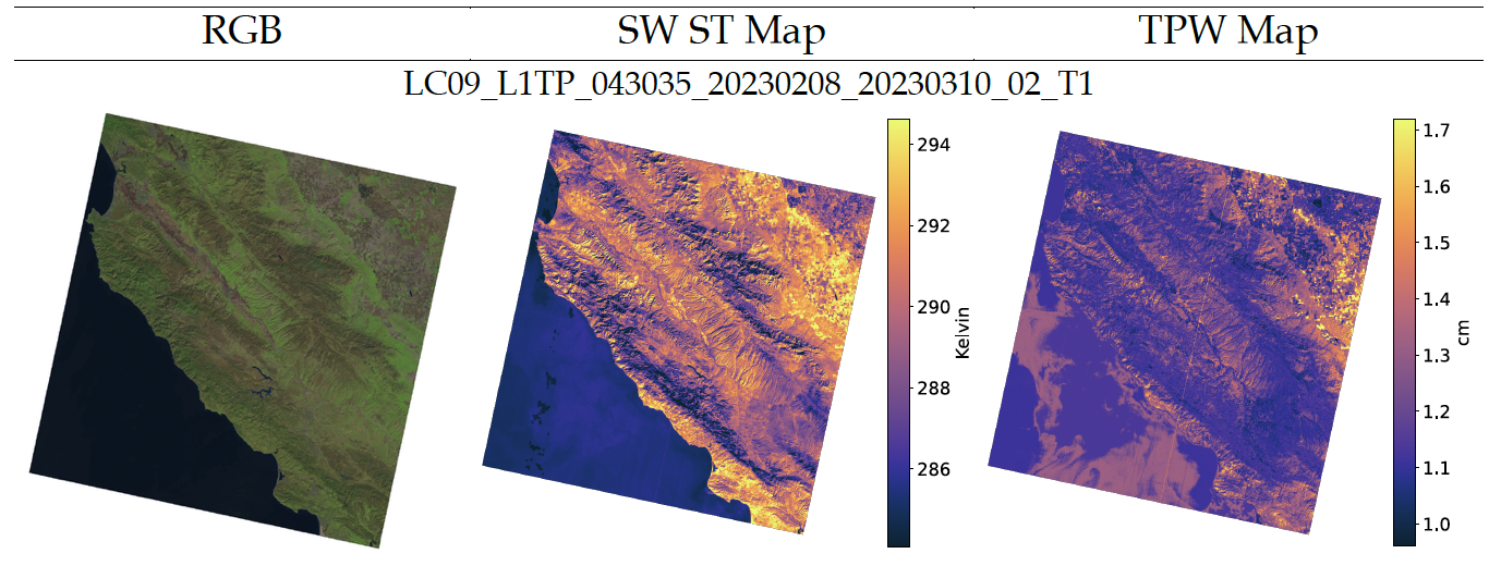 Illustration of the application of the XGBoost algorithm for deriving TPW for Landsat's dual-channel thermal infrared sensors.  (Left) shows a true-color image for reference, (middle) the surface temperature map derived using a split-window algorithm developed at RIT, and (right) the corresponding TPW product derived using machine-learning.  A mechanism to characterize per-pixel uncertainty to compliment the (middle) ST map is being developed and will use this TPW product (right).