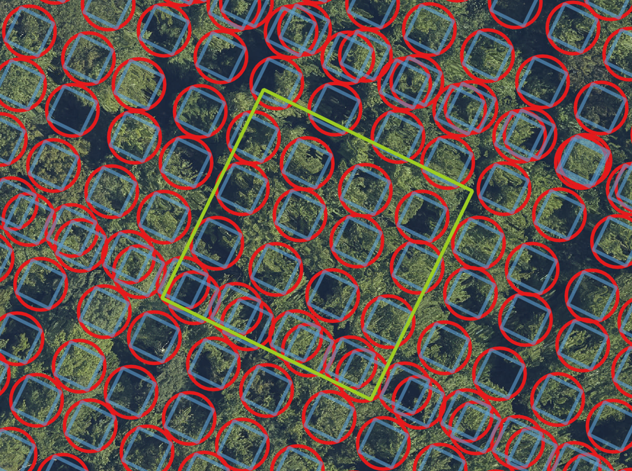 LVIS shots (red circle) and overlapping AOP point cloud columns (blue square) at the SERC forest site. We are employing transformer-based models to accurately up-scale the LVIS waveforms using co-located AOP hit-grids as ground truth.