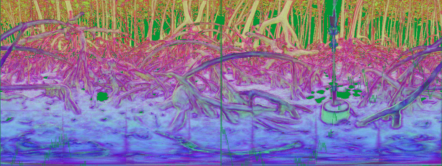 Spherical projection of the point cloud showing a PCA composite of multiple feature channels: intensity, range, height (Z), curvature, anisotropy, planarity, and normal-based pseudo-coloring.