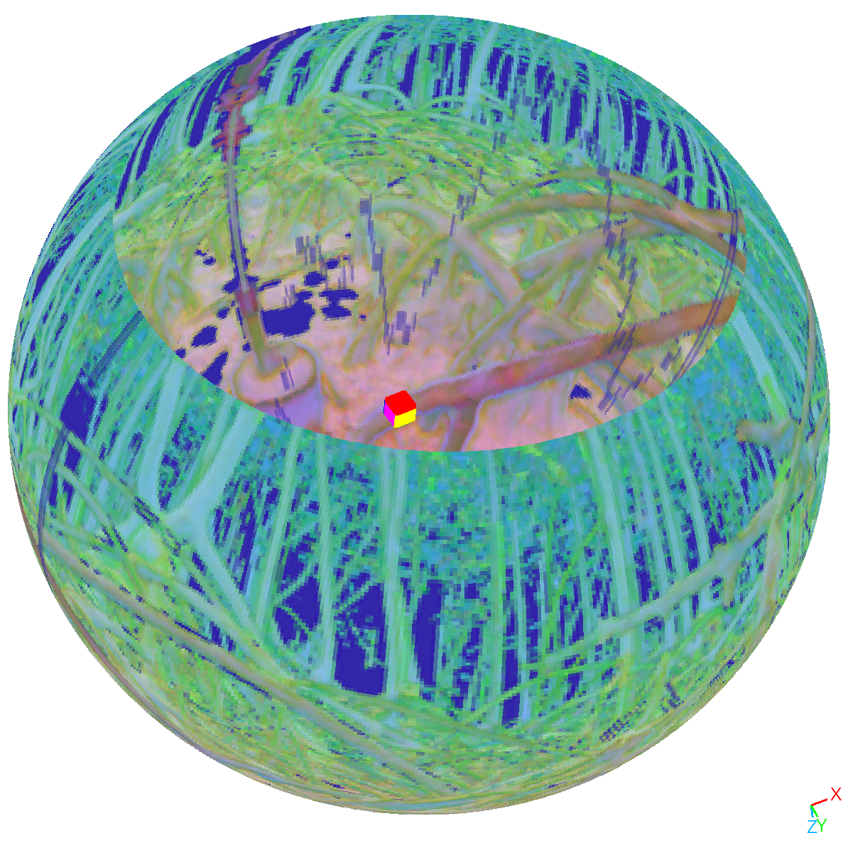 Virtual-sphere visualization of TLS scan coverage, colored by the PCA composite in Figure 3.
