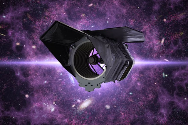 An illustration of the Roman telescope against purple light. It looks like a tube with panels coming off the sides