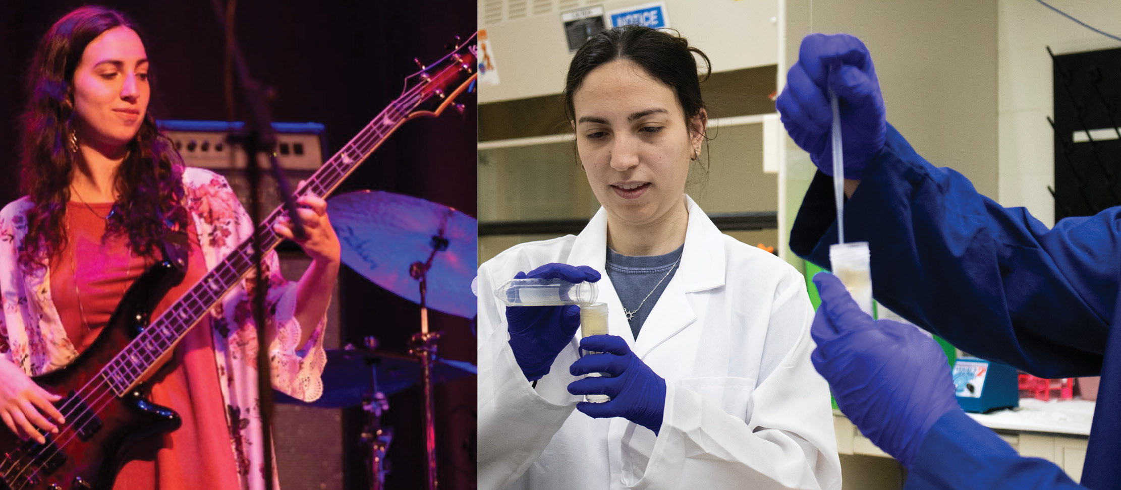 girl playing guitar on left and girl in a science lab holding a pipet on the right