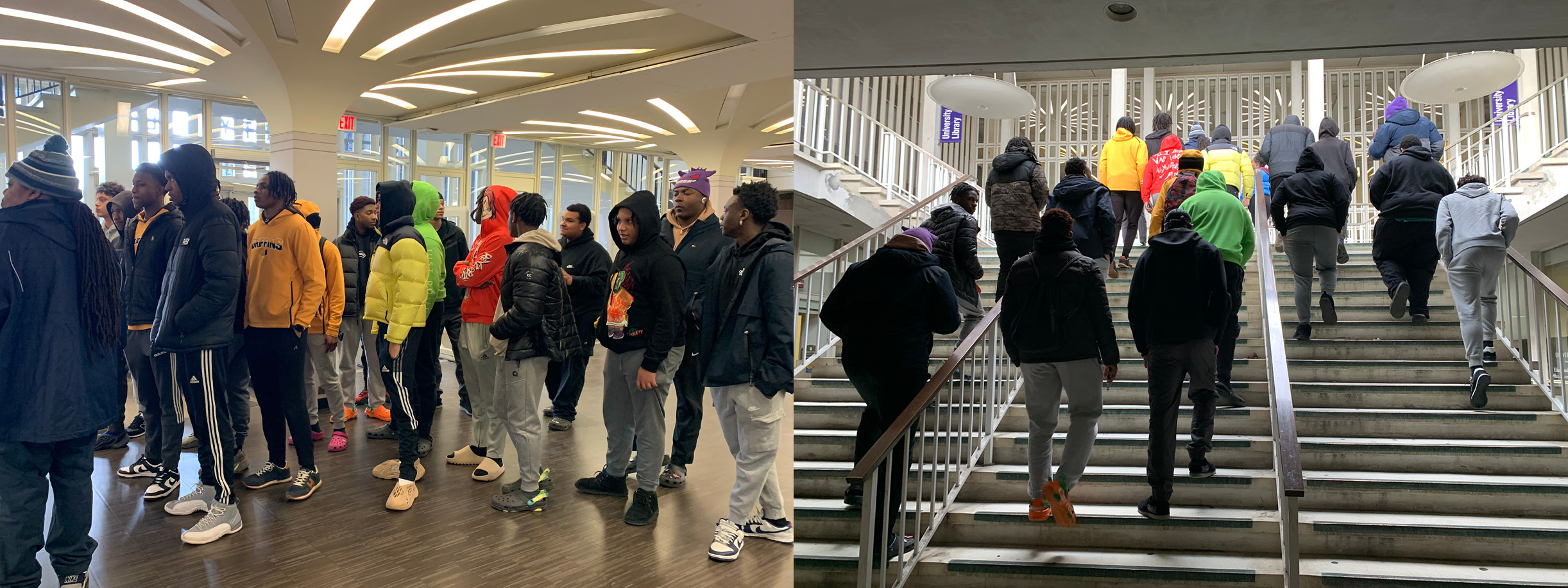 two photos of a group of students