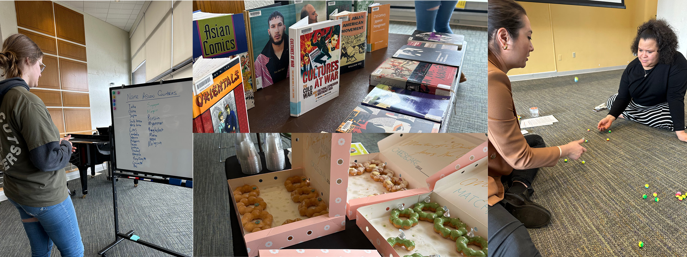 collage of images of people playing games, food and book display