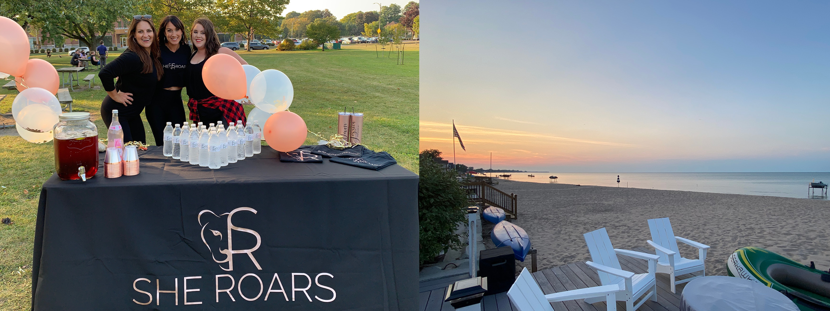 Three girls behind table with balloons and a photo of a beach