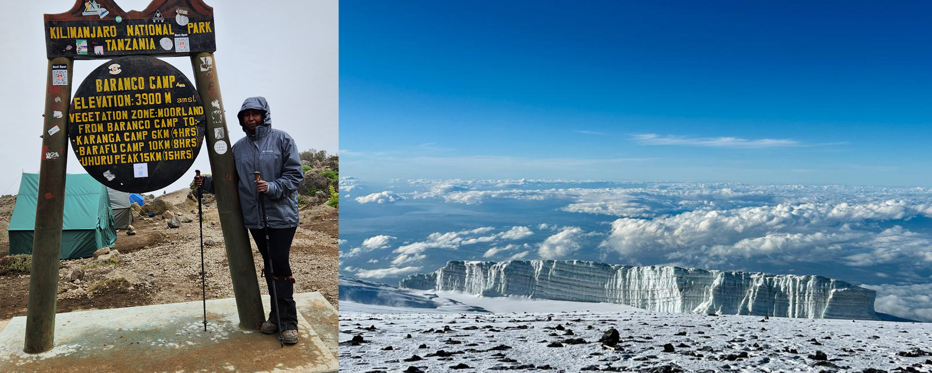 (left)photo of woman standing next to sign; (right) top of snowy mountain