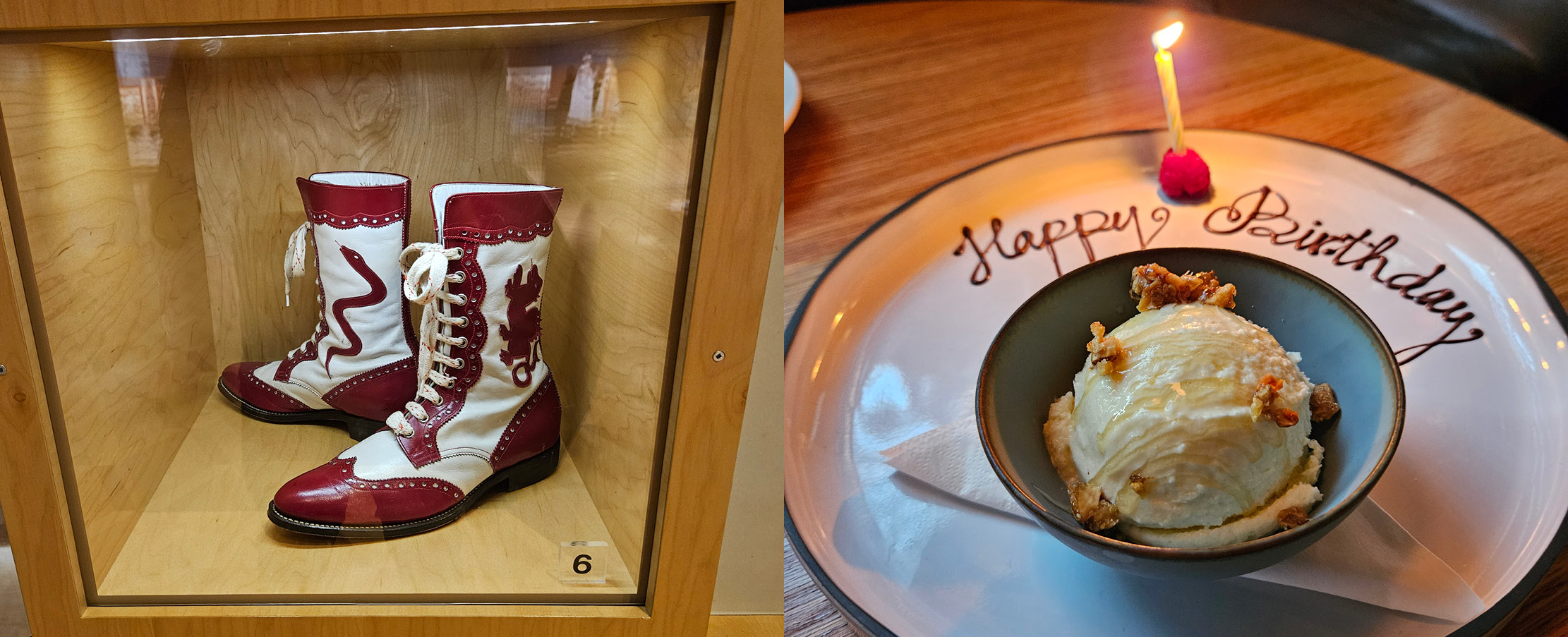 Left photo: boots in display case; right photo: ice cream with candle