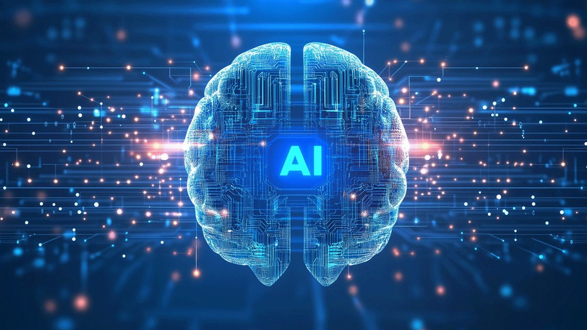 Digital human brain with AI written in the center